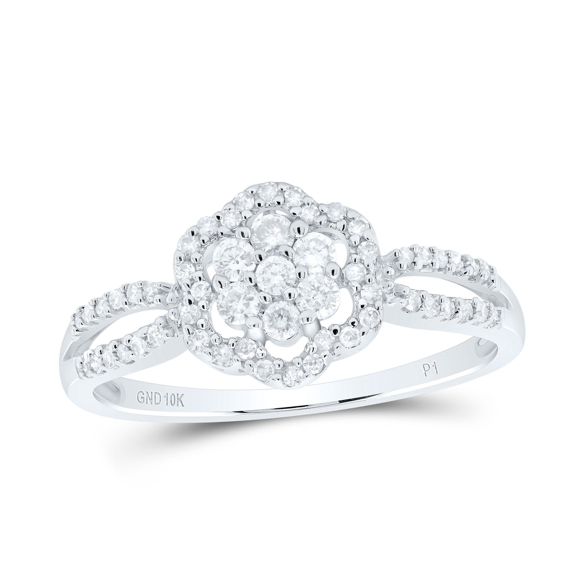 10K White Gold Round Diamond Flower Ring 1/3 Cttw - Splendid Jewellery