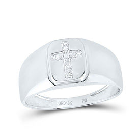 10K White Gold Round Diamond Mens Brushed Matte Cross Band Ring 1/20 Cttw - Splendid Jewellery