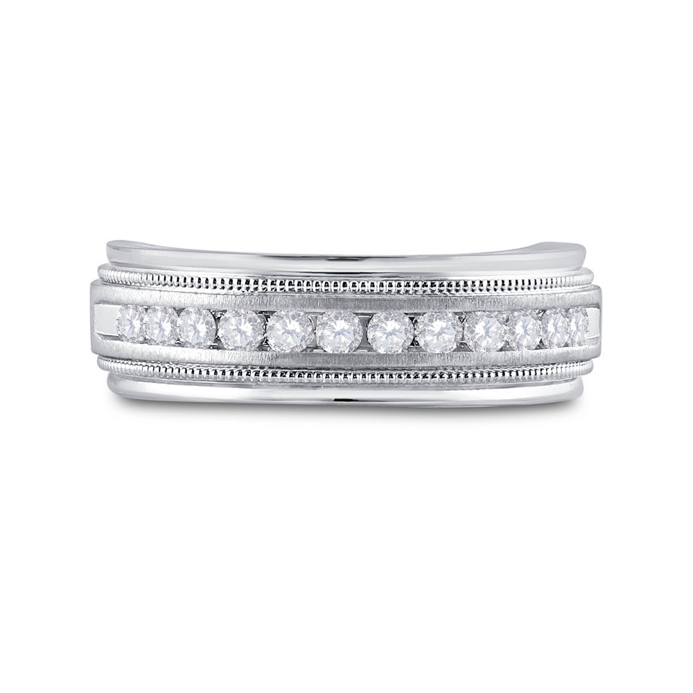 10K White Gold Round Diamond Men's Channel Set Milgrain Edge Wedding Band Ring 1/2 Cttw - Splendid Jewellery