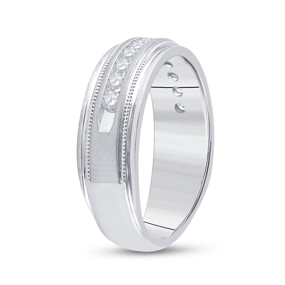 10K White Gold Round Diamond Men's Channel Set Milgrain Edge Wedding Band Ring 1/2 Cttw - Splendid Jewellery