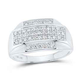 10K White Gold Round Diamond Mens Pave - Set Rectangle Cluster Ring 1/3 Cttw - Splendid Jewellery