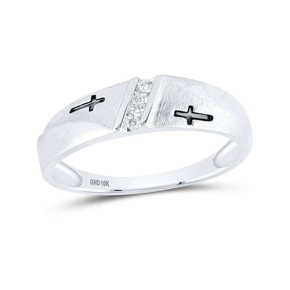 10K White Gold Round Diamond Men's Single Row Cross Wedding Band 1/20 Cttw - Splendid Jewellery