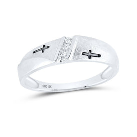 10K White Gold Round Diamond Men's Single Row Cross Wedding Band 1/20 Cttw - Splendid Jewellery