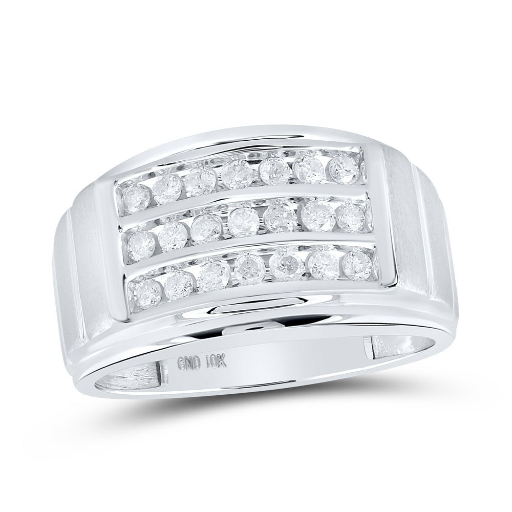 10K White Gold Round Diamond Mens Triple Row Band Ring 1/2 Cttw - Splendid Jewellery