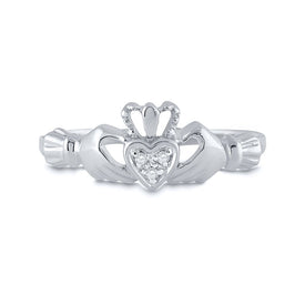 10K White Gold Round Diamond Women's Claddagh Heart Ring . 0.02 Cttw - Splendid Jewellery