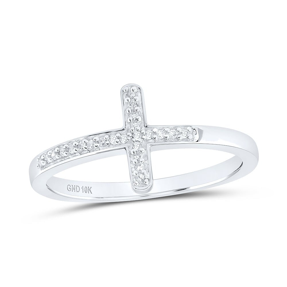 10K White Gold Round Diamond Women's Cross Religious Band Ring 1/20 Cttw - Splendid Jewellery
