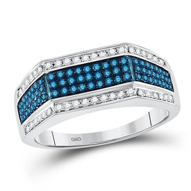 10K White Gold Round Mens Blue Color Enhanced Triple Stripe Flat Surface Band 3/4 Cttw - Splendid Jewellery