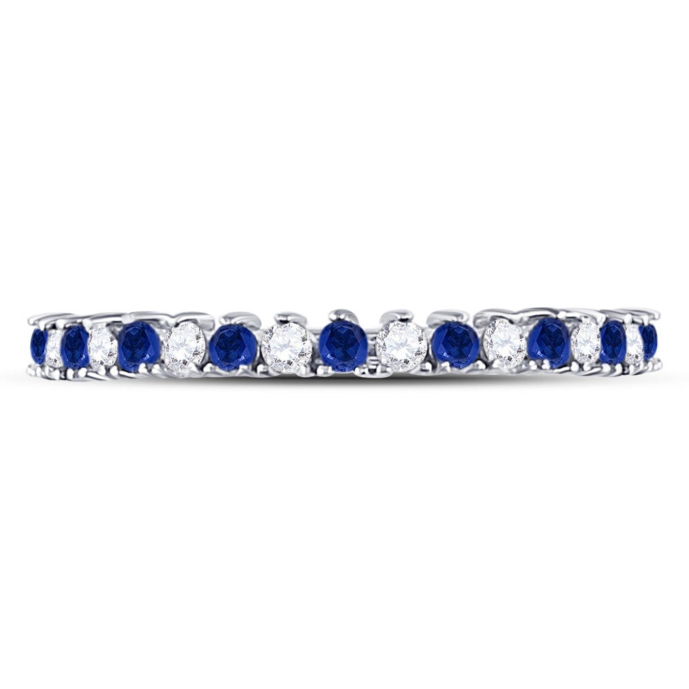 10K White Gold Round Natural Blue Sapphire Modern Alternating Stackable Band Ring 1/10 Cttw - Splendid Jewellery