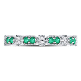 10K White Gold Round Natural Emerald Stackable Band Ring 1/20 Cttw - Splendid Jewellery