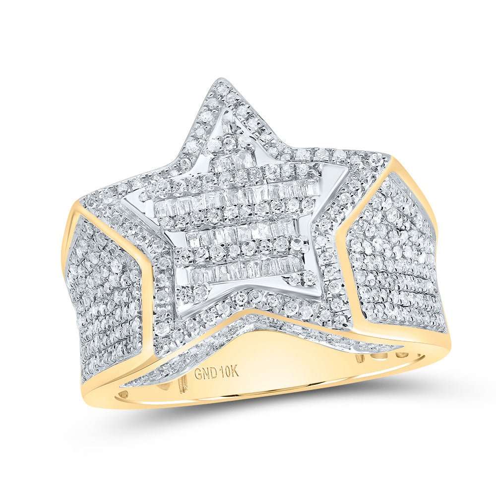 10K Yellow Gold Baguette Diamond Mens Baguette Cluster Star Ring 1 Cttw - Splendid Jewellery