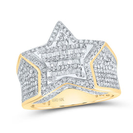 10K Yellow Gold Baguette Diamond Mens Baguette Cluster Star Ring 1 Cttw - Splendid Jewellery