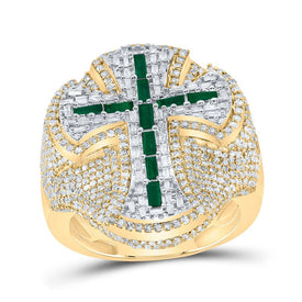 10K Yellow Gold Diamond Bag Emerald Gemstone Cross Men's Ring 2 7/8 Cttw - Splendid Jewellery