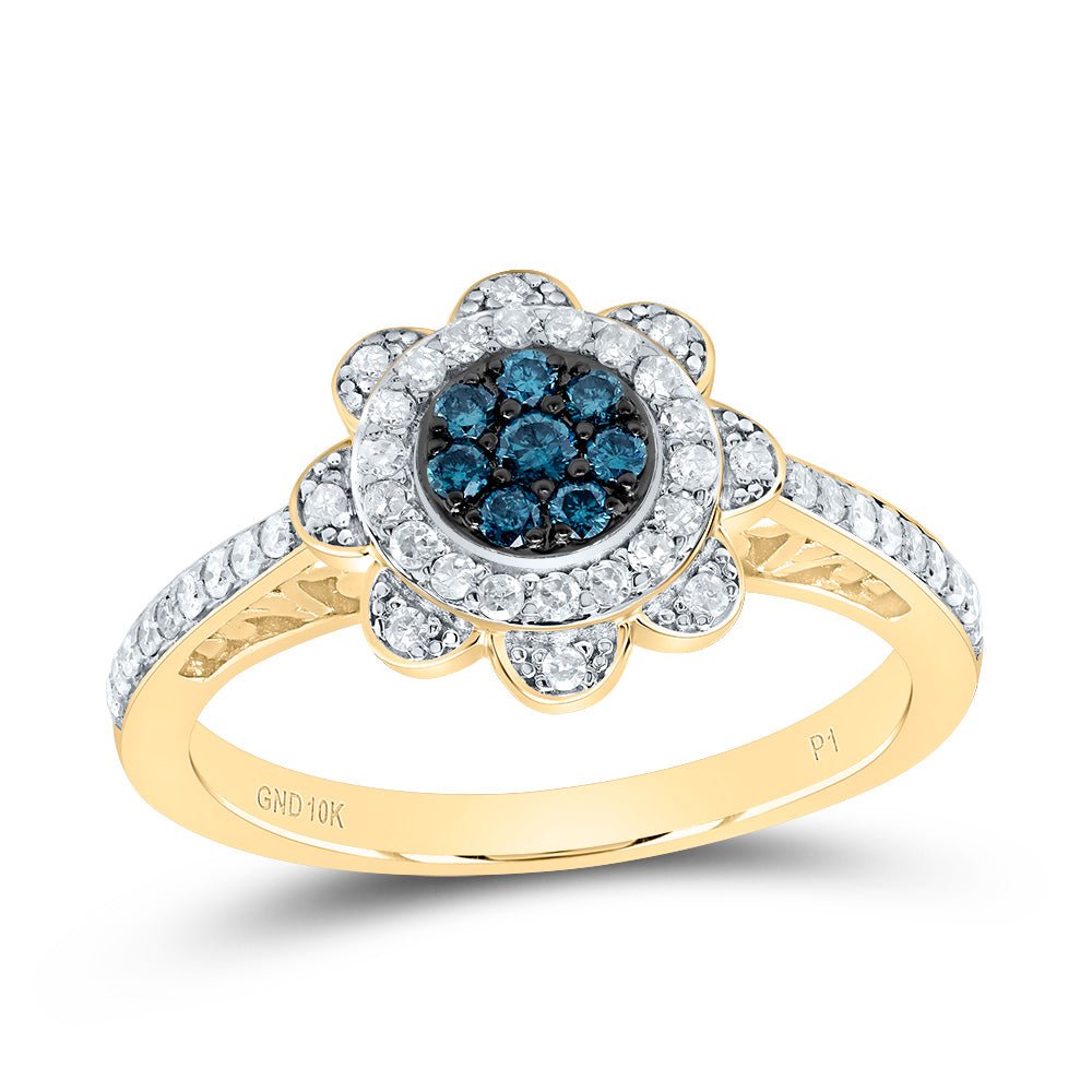 10K Yellow Gold Diamond Blue Flower Ring 3/8 Cttw - Splendid Jewellery