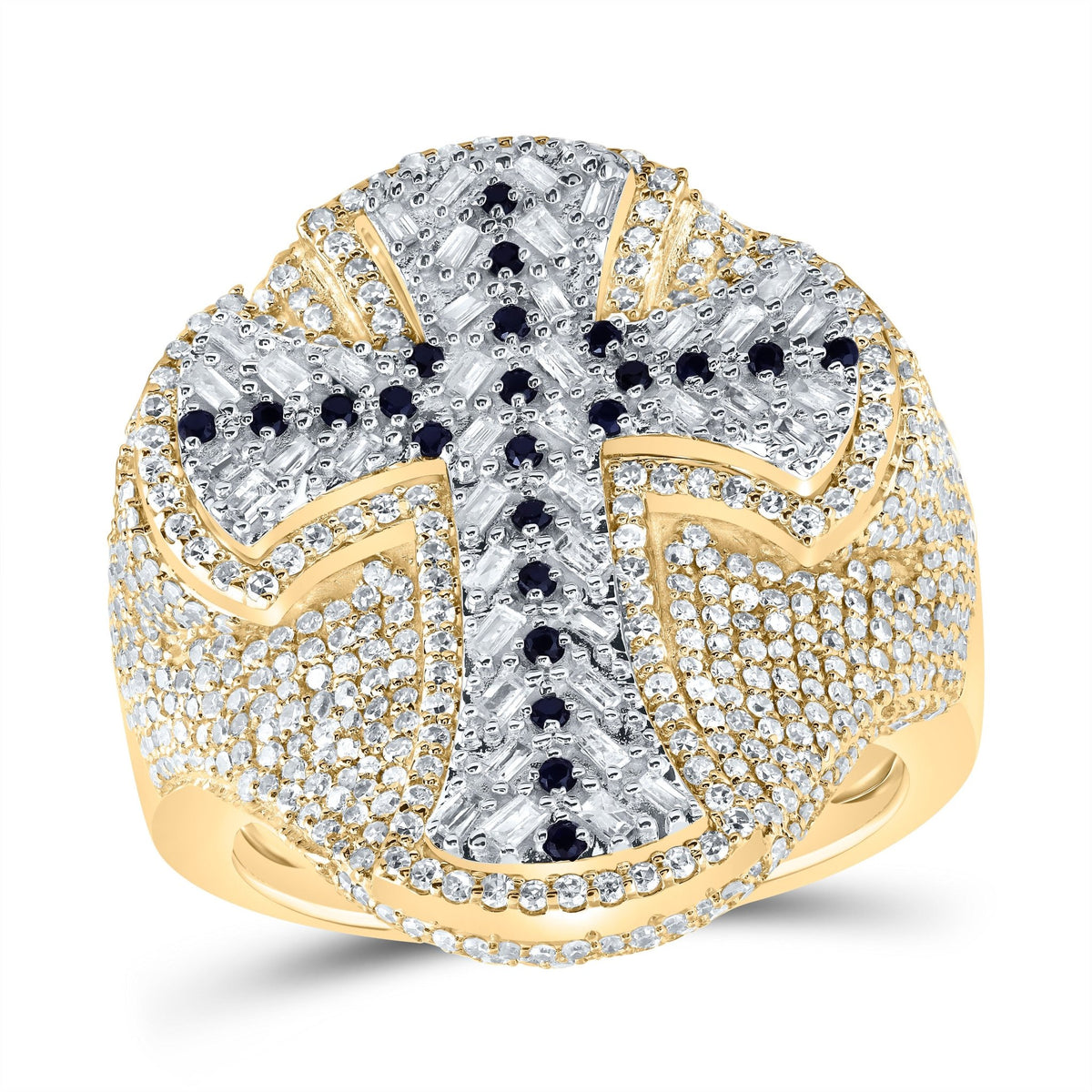 10K Yellow Gold Diamond Blue Sapphire Gemstone Cross Men's Ring 2 7/8 Cttw - Splendid Jewellery
