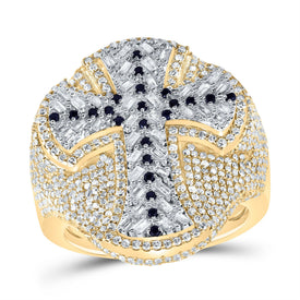 10K Yellow Gold Diamond Blue Sapphire Gemstone Cross Men's Ring 2 7/8 Cttw - Splendid Jewellery