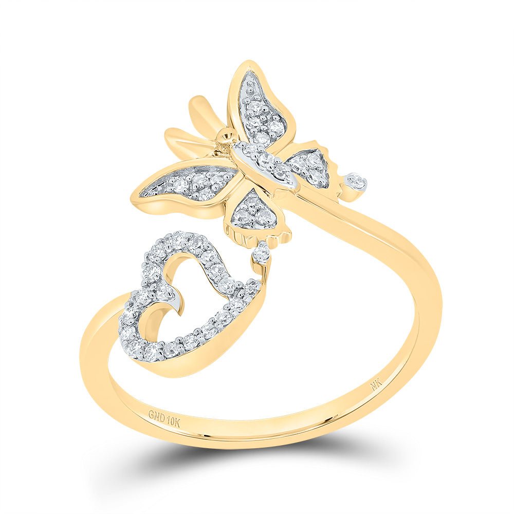 10K Yellow Gold Diamond Butterfly Heart Ring 1/6 Cttw - Splendid Jewellery
