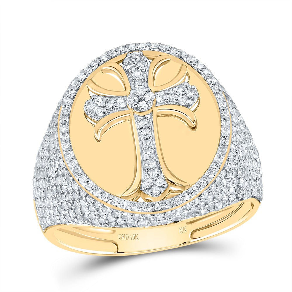 10K Yellow Gold Diamond Crome Cross Men's Ring 1 7/8 Cttw - Splendid Jewellery