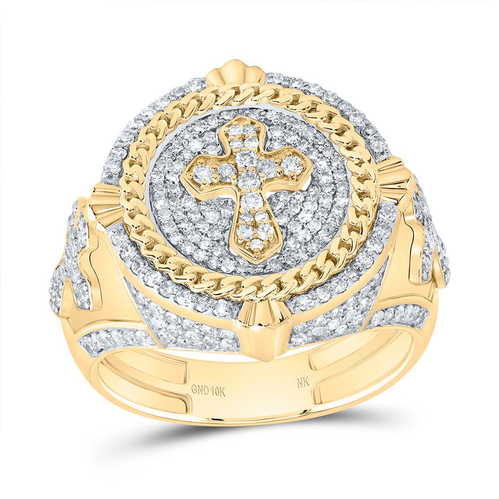 10K Yellow Gold Diamond Cross Men's Ring 1 1/5 Cttw - Splendid Jewellery