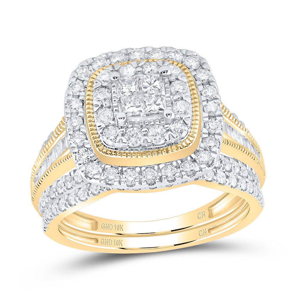 10K Yellow Gold Diamond Cushion Double Halo Bridal Set 1 Cttw - Splendid Jewellery