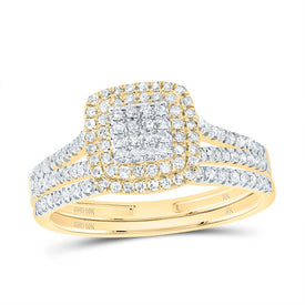10K Yellow Gold Diamond Cushion Double Halo Bridal Set 1/2 Cttw - Splendid Jewellery