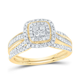 10K Yellow Gold Diamond Cushion Double Halo Bridal Set 1/2 Cttw - Splendid Jewellery