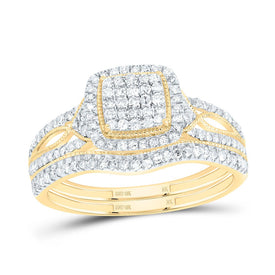 10K Yellow Gold Diamond Cushion Single Halo Bridal Set 1/2 Cttw - Splendid Jewellery