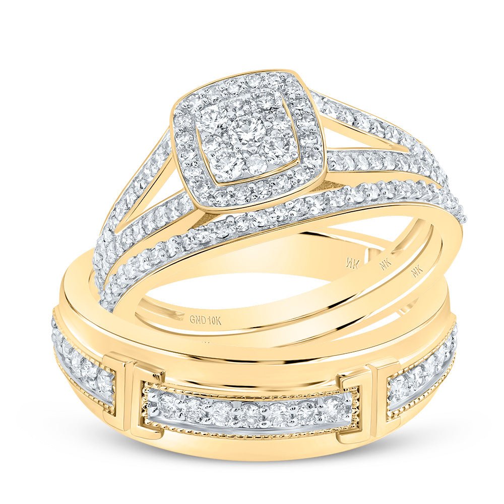 10K Yellow Gold Diamond Cushion Trio Ring Set 3/4 Cttw - Splendid Jewellery