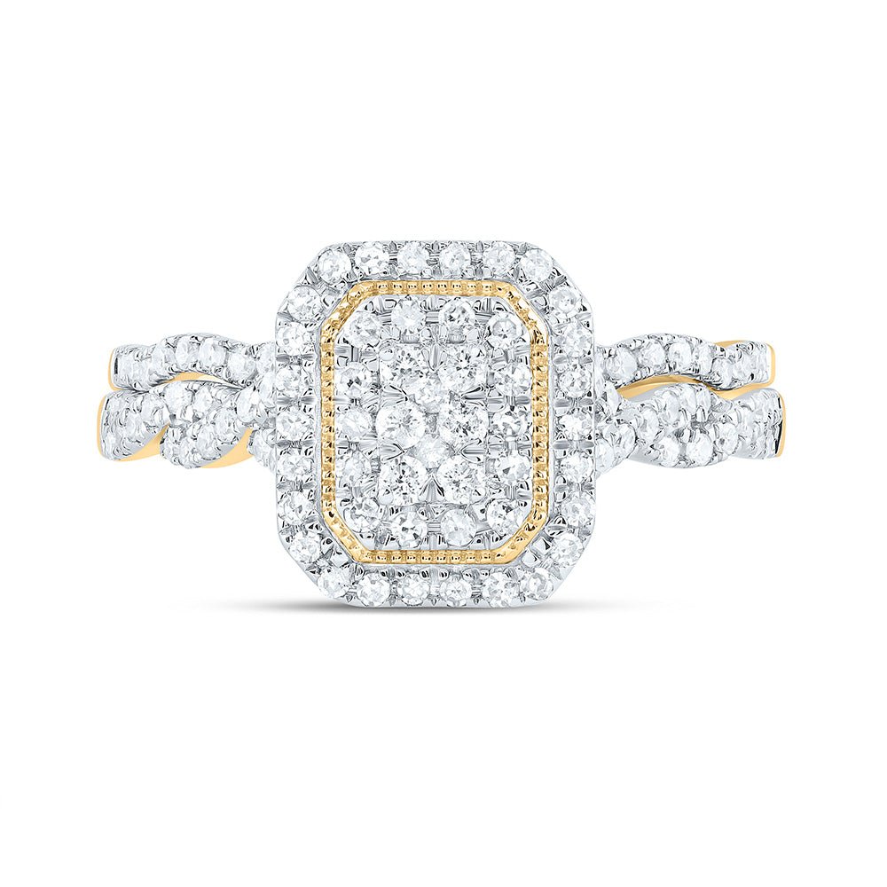 10K Yellow Gold Diamond Emerald Double Halo Bridal Set 1/2 Cttw - Splendid Jewellery
