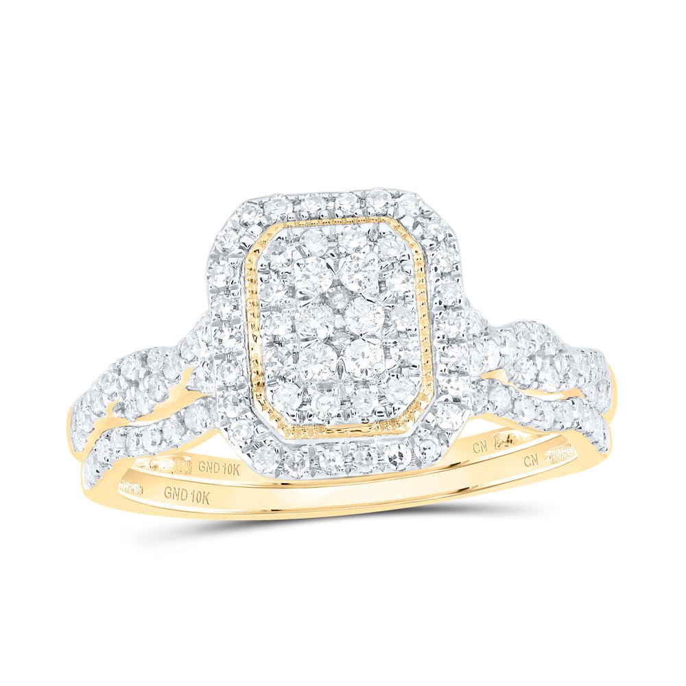 10K Yellow Gold Diamond Emerald Double Halo Bridal Set 1/2 Cttw - Splendid Jewellery