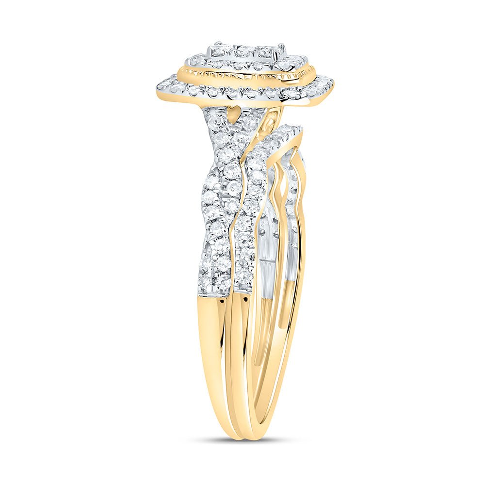 10K Yellow Gold Diamond Emerald Double Halo Bridal Set 1/2 Cttw - Splendid Jewellery