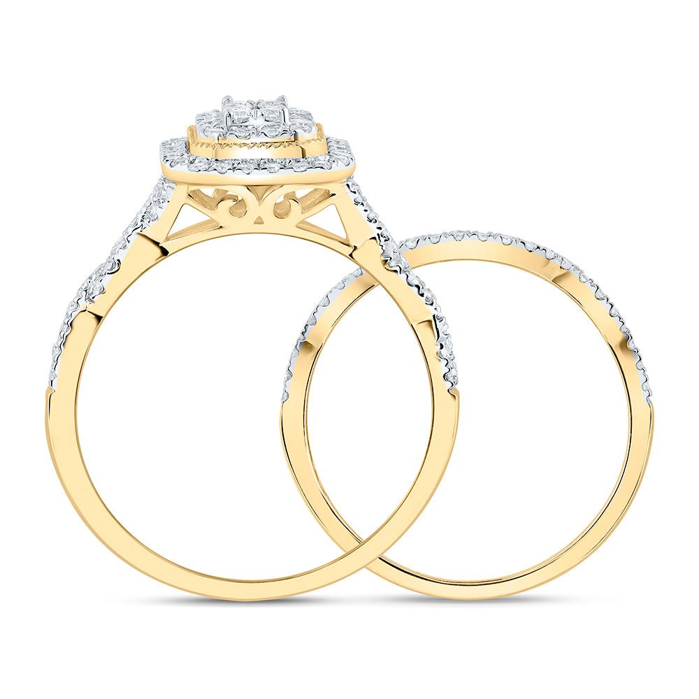 10K Yellow Gold Diamond Emerald Double Halo Bridal Set 1/2 Cttw - Splendid Jewellery