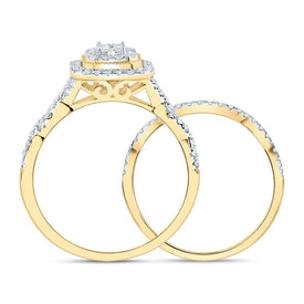 10K Yellow Gold Diamond Emerald Double Halo Bridal Set 1/2 Cttw - Splendid Jewellery