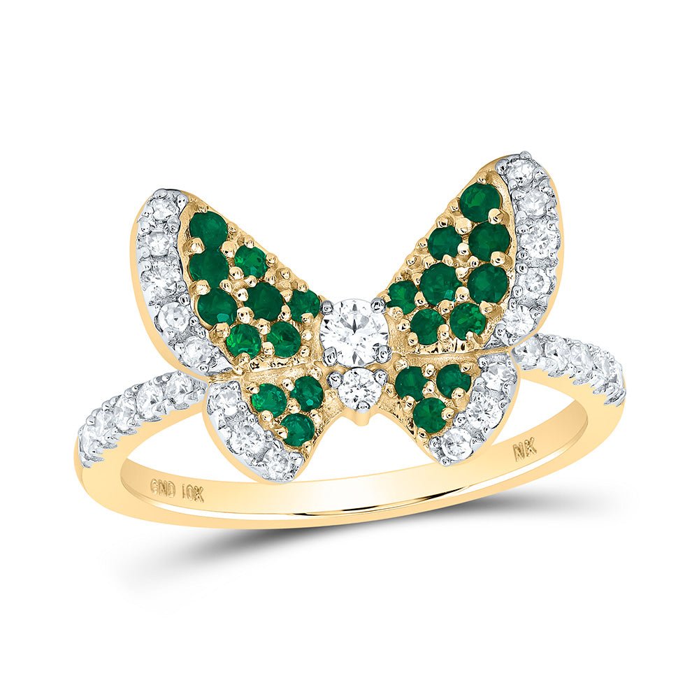 10K Yellow Gold Diamond Emerald Gemstone Butterfly Ring 1/3 Cttw - Splendid Jewellery