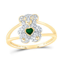 Load image into Gallery viewer, 10K Yellow Gold Diamond Emerald Gemstone Heart Teddy Bear Ring 1/3 Cttw - Splendid Jewellery