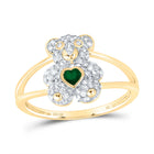 10K Yellow Gold Diamond Emerald Gemstone Heart Teddy Bear Ring 1/3 Cttw - Splendid Jewellery