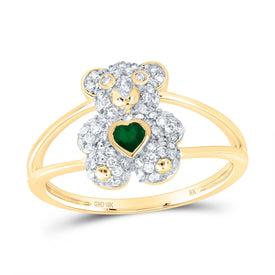 10K Yellow Gold Diamond Emerald Gemstone Heart Teddy Bear Ring 1/3 Cttw - Splendid Jewellery