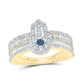 10K Yellow Gold Diamond Fashion Blue Hamsa Ring 1 Cttw - Splendid Jewellery