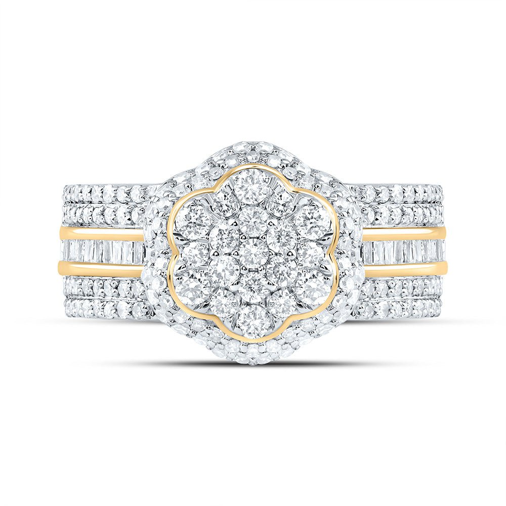 10K Yellow Gold Diamond Fashion Flower Ring 1 Cttw - Splendid Jewellery