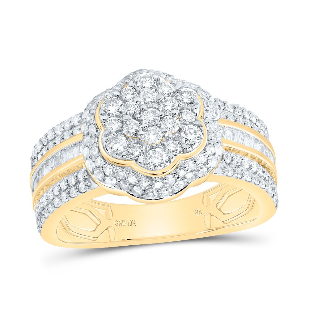 10K Yellow Gold Diamond Fashion Flower Ring 1 Cttw - Splendid Jewellery