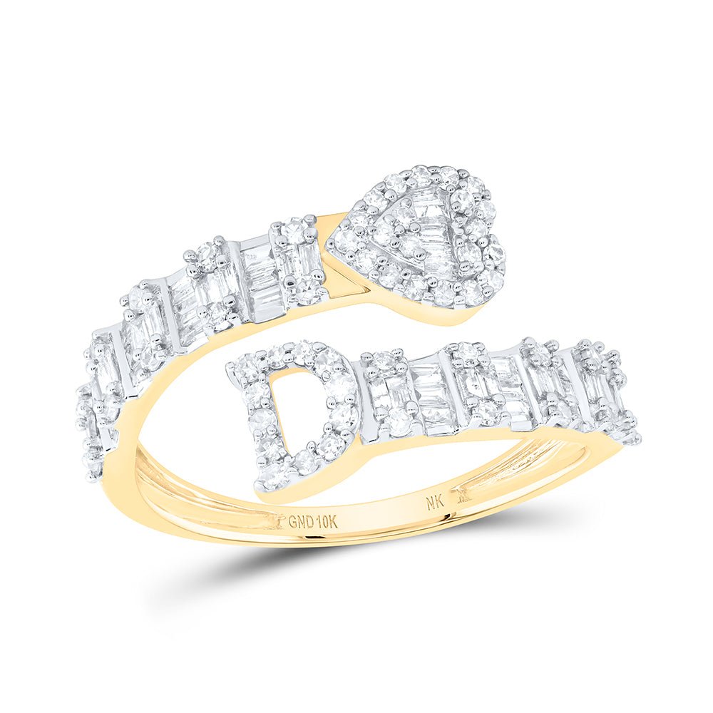 10K Yellow Gold Diamond Fashion Initial "D" Women's Heart Cuff Ring 5/8 Cttw - Splendid Jewellery