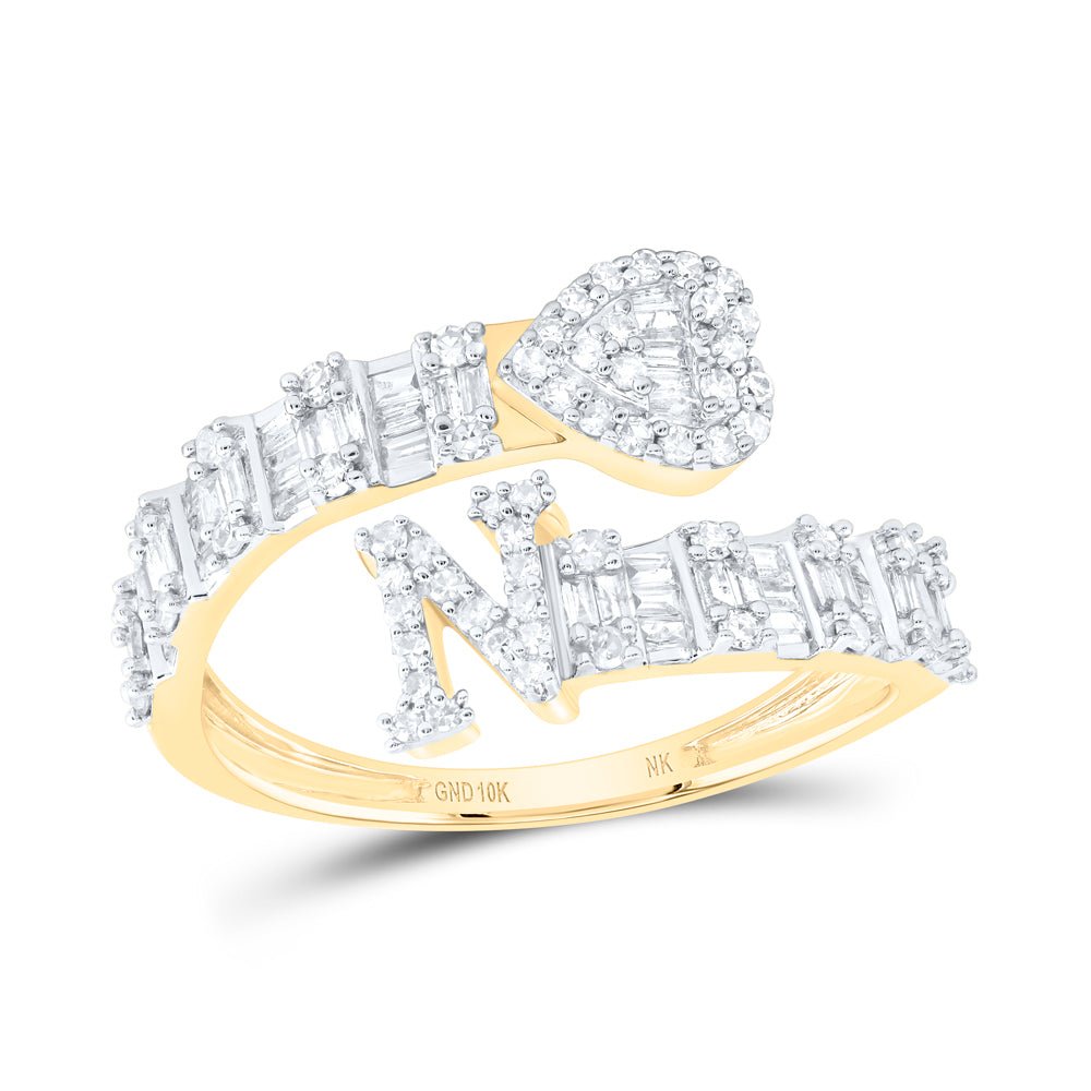 10K Yellow Gold Diamond Fashion Initial "N" Women's Heart Cuff Ring 5/8 Cttw - Splendid Jewellery