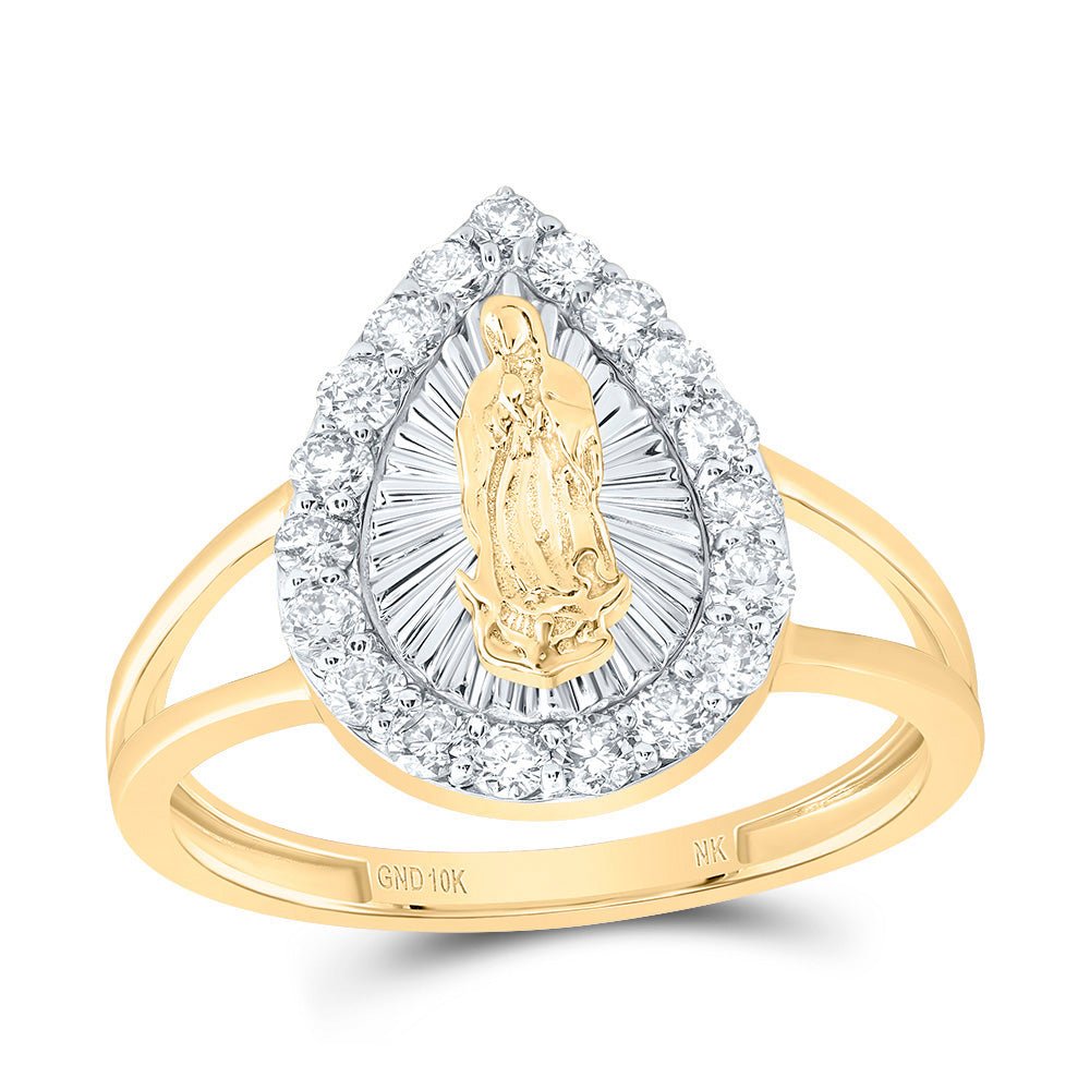 10K Yellow Gold Diamond Fashion Virgin Mother Mary Pear Women's Ring 1/2 Cttw - Splendid Jewellery