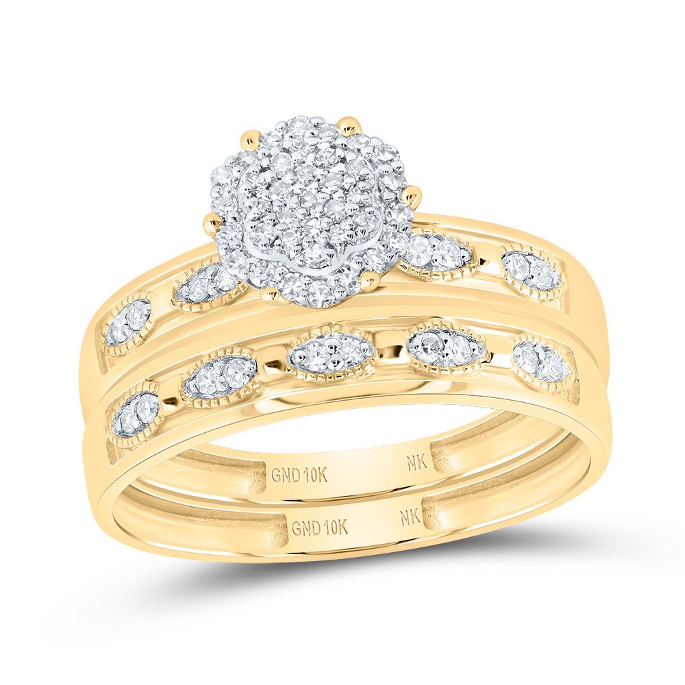 10K Yellow Gold Diamond Flower Trio Ring Set 1/4 Cttw - Splendid Jewellery