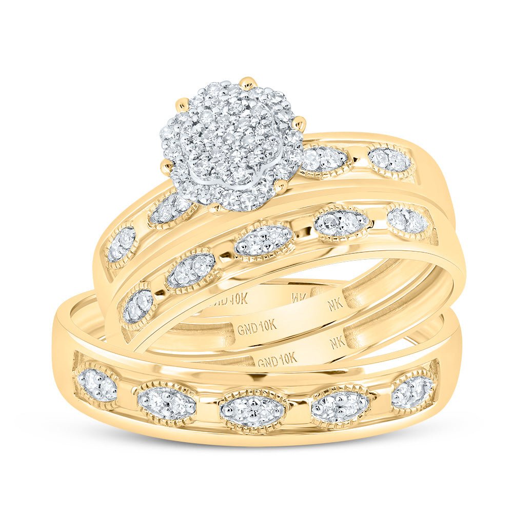 10K Yellow Gold Diamond Flower Trio Ring Set 1/4 Cttw - Splendid Jewellery