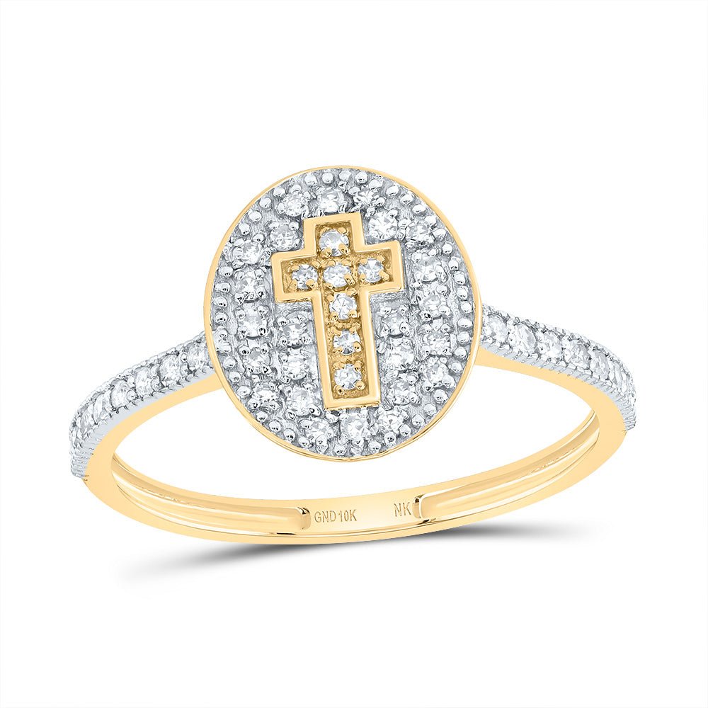 10K Yellow Gold Diamond Gift Cross Oval Ring 1/4 Cttw - Splendid Jewellery