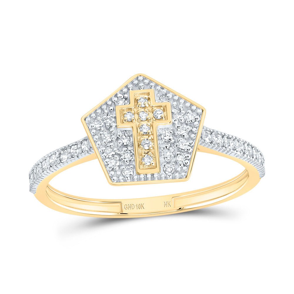 10K Yellow Gold Diamond Gift Cross Pentagon Ring 1/5 Cttw - Splendid Jewellery