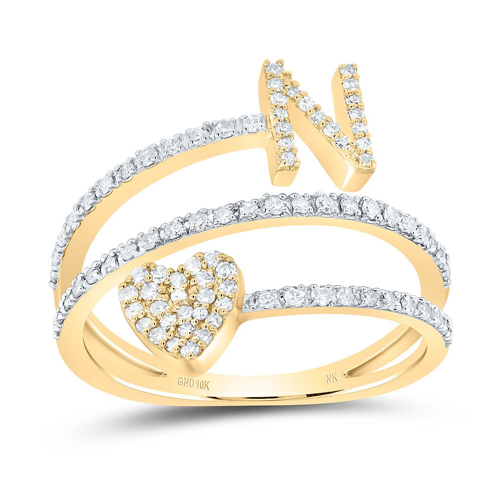 10K Yellow Gold Diamond Gift Initial "N" Heart Women's Ring 3/8 Cttw - Splendid Jewellery