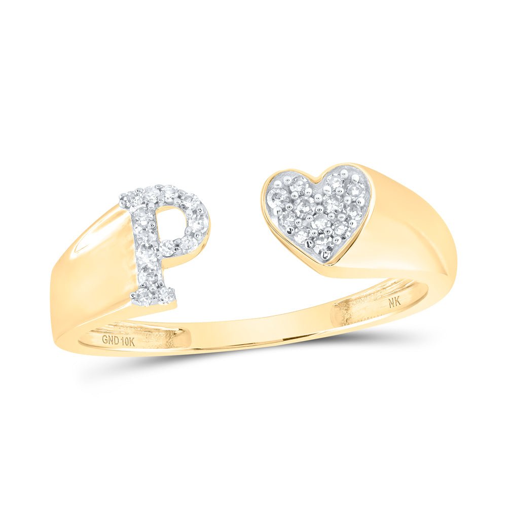 10K Yellow Gold Diamond Gift Initial "P" Women's Heart Ring 1/10 Cttw - Splendid Jewellery