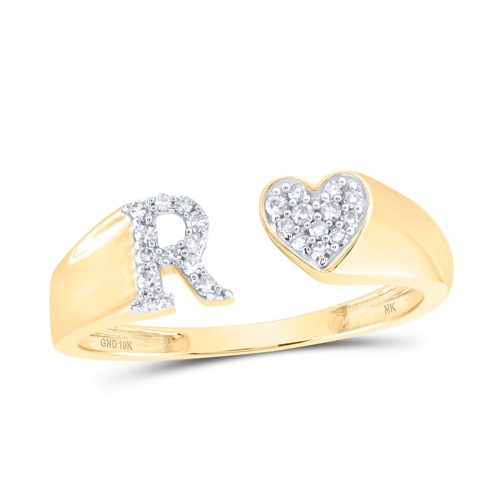 10K Yellow Gold Diamond Gift Initial "R" Women's Heart Ring 1/8 Cttw - Splendid Jewellery