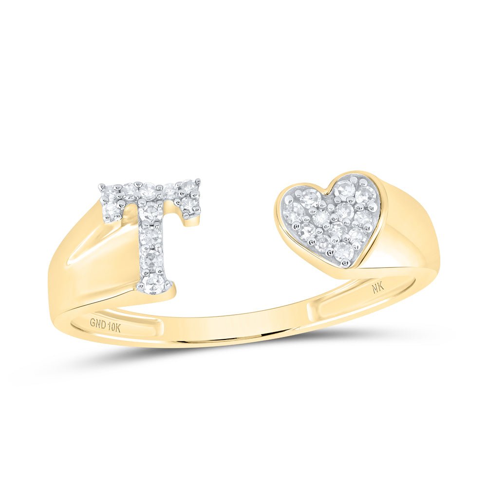 10K Yellow Gold Diamond Gift Initial "T" Women's Heart Ring 1/10 Cttw - Splendid Jewellery